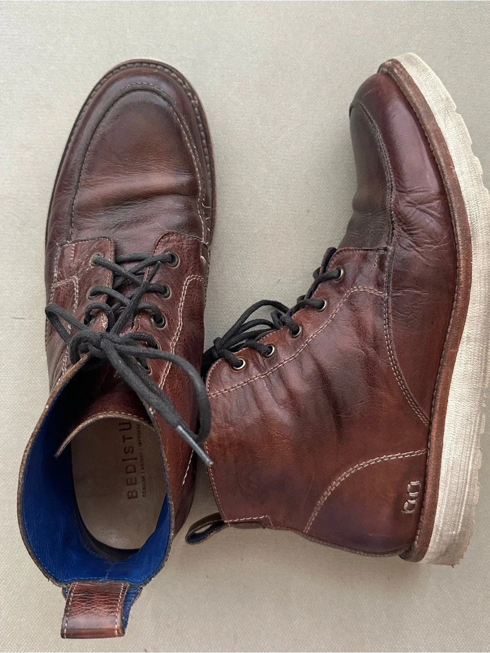 BED|STU Men's Chestnut Brown Leather Lace-Up Boots with Cream Sole